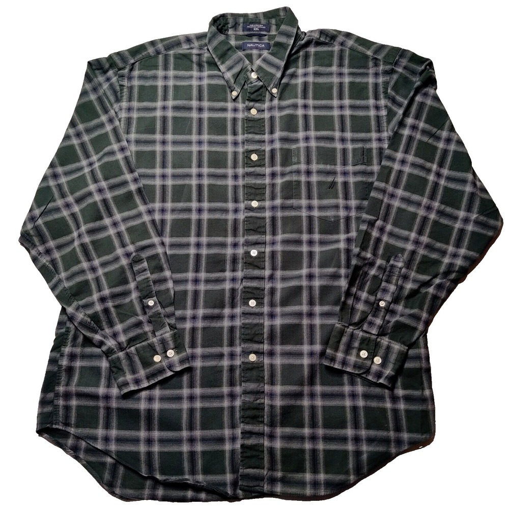 VTG‎ NAUTICA Men Size 2XL Green Tartan Plaid Cotton Rayon Blend Button Shirt